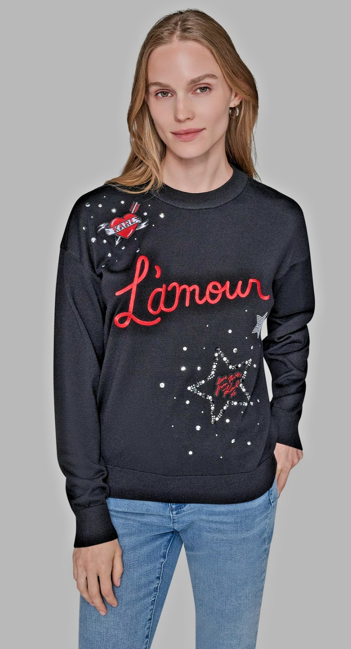 Karl Lagerfeld Paris Lamour Embellished Sweater Womens XL Black Long Sleeve Cozy